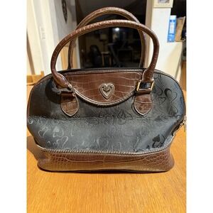 Heart Pattern Satchel Bag Faux Croc Trim Black Brown Dome Purse Unbranded
